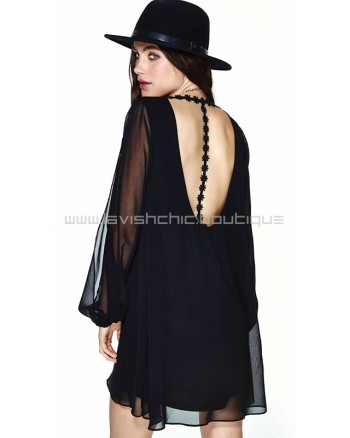 Long Sleeve Emboidery Cut Out Back Dress